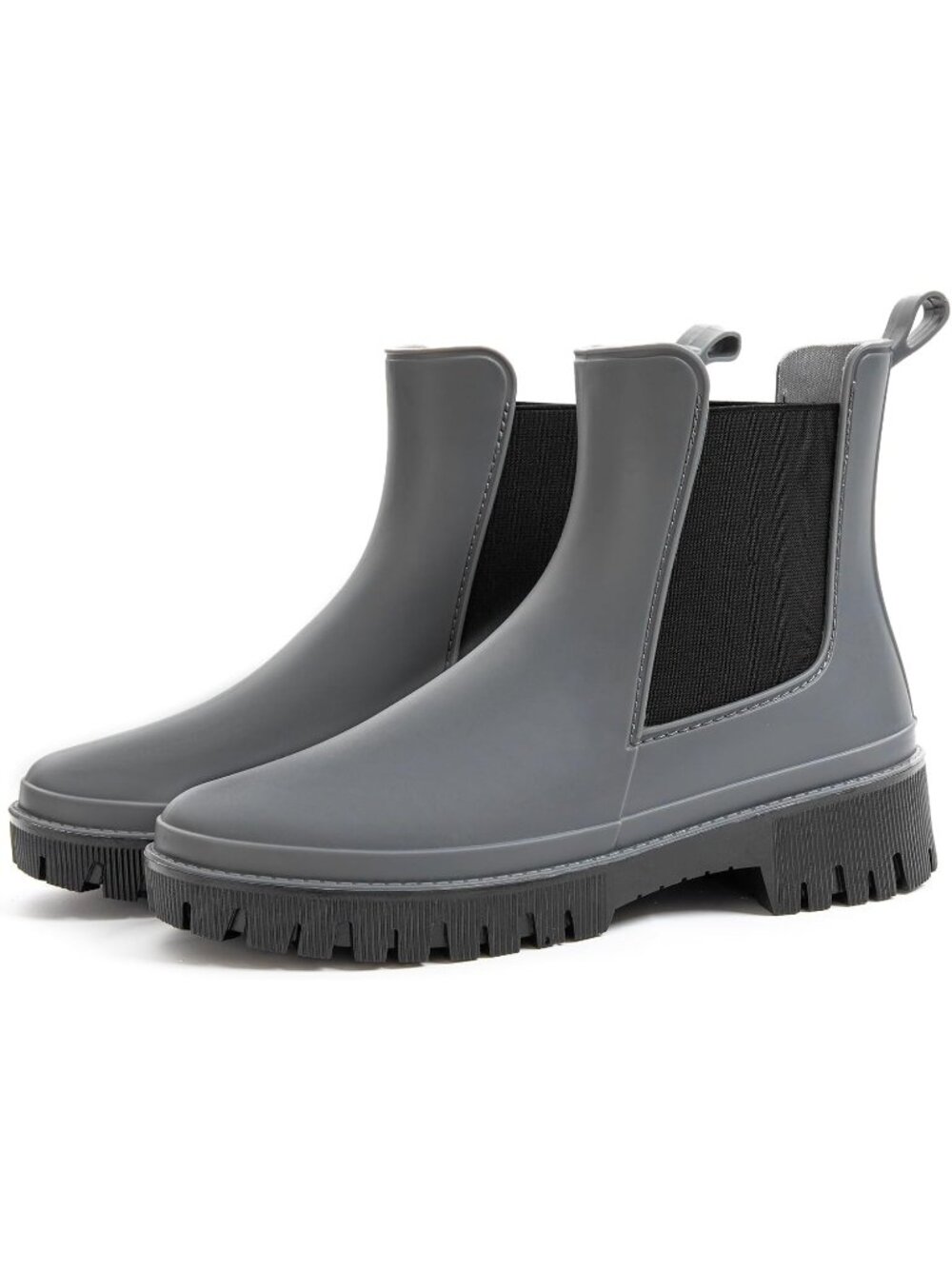🆕Women's Dark Grey Chelsea Rain Boots Waterproof Lug Sole Ankle Shoes